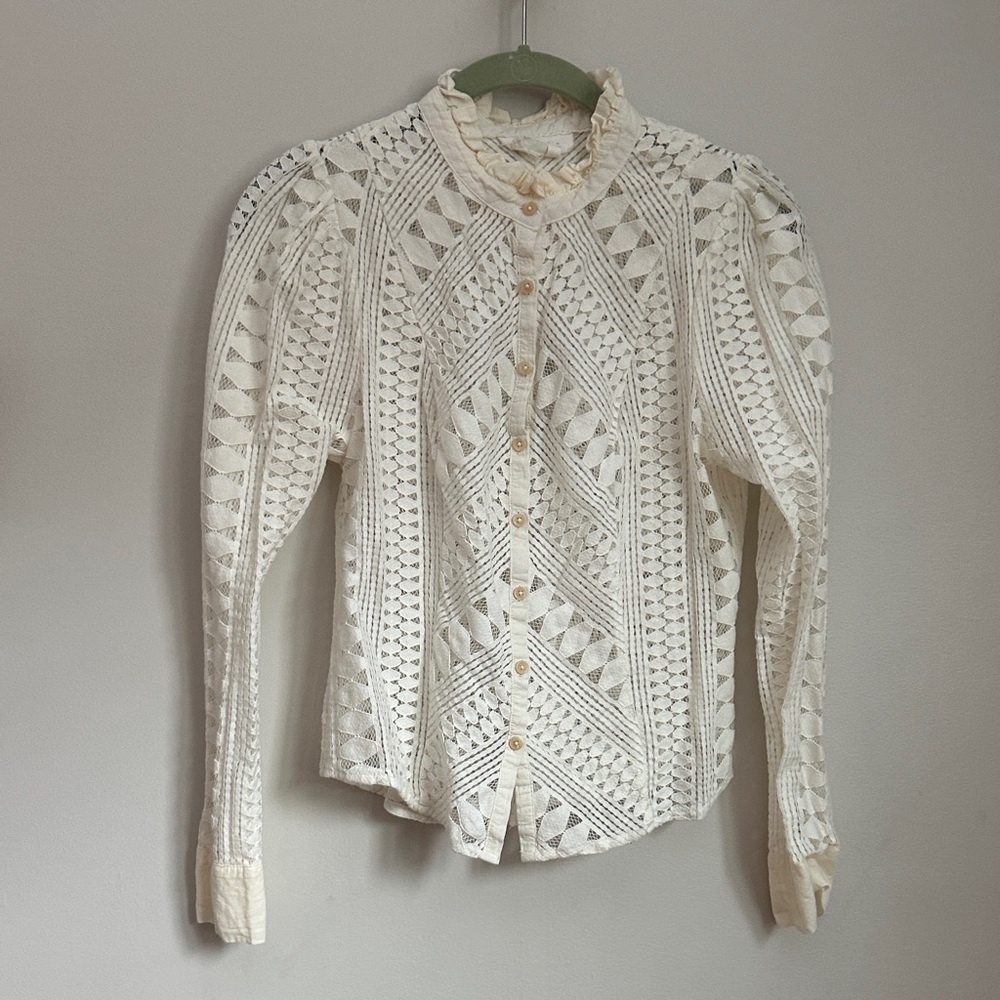 Anthropologie Cream Button-Up Lace Blouse